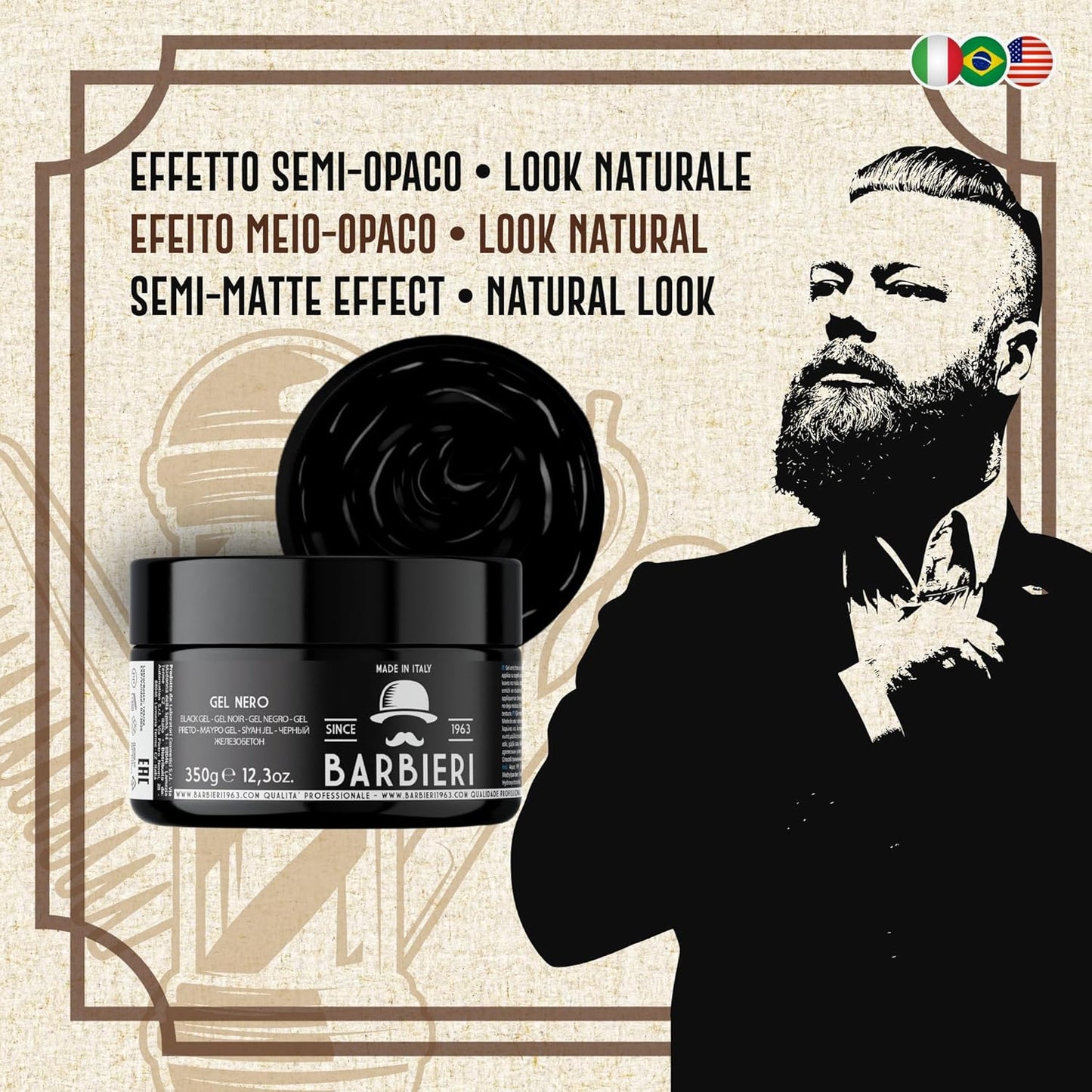 Gel Nero Capelli Uomo - 350g – Black Gel con Carbone Vegetale – Maschera Capelli Grigi e Bianchi – Barbieri Since 1963 - Made in Italy