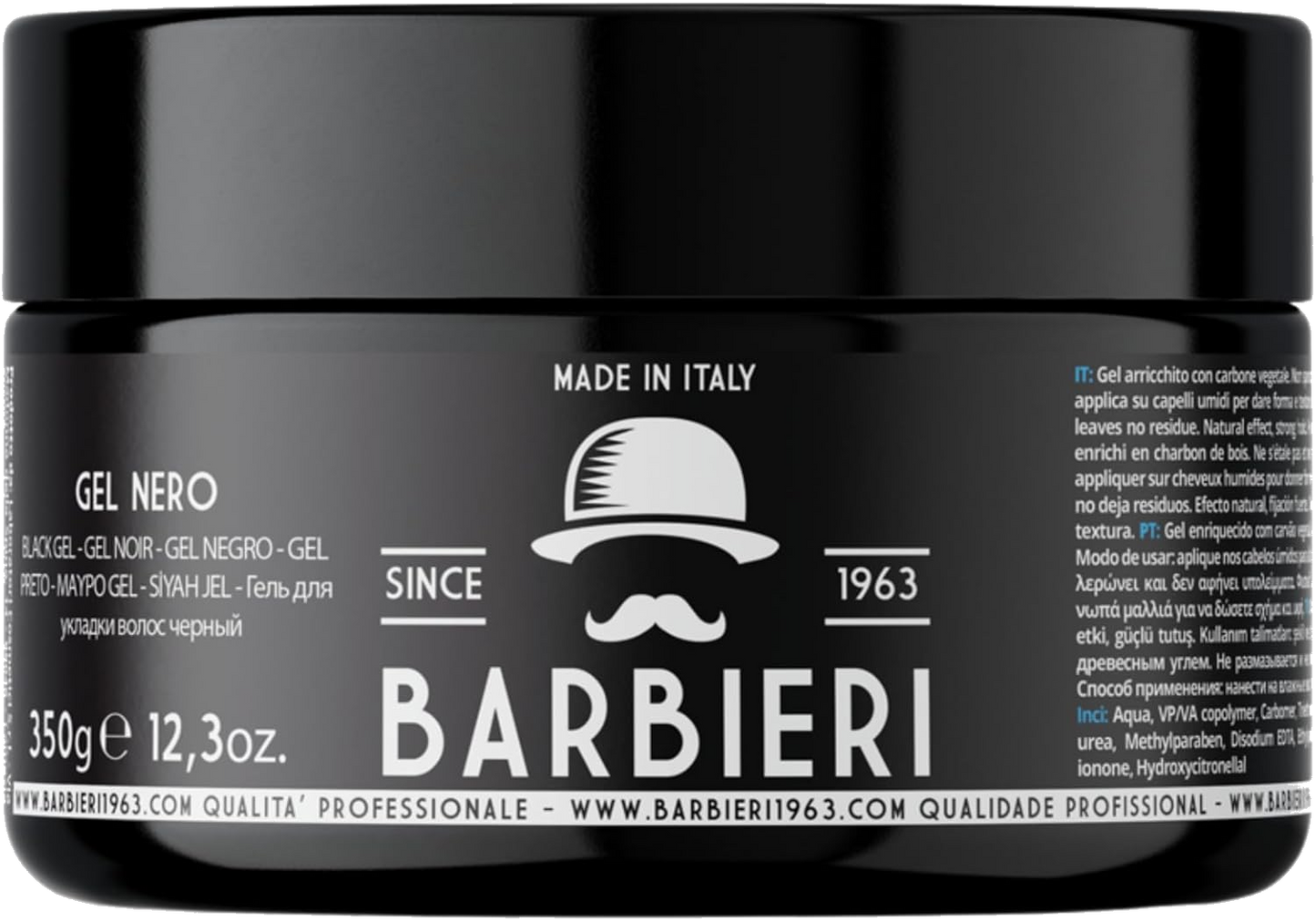 Gel Nero Capelli Uomo - 350g – Black Gel con Carbone Vegetale – Maschera Capelli Grigi e Bianchi – Barbieri Since 1963 - Made in Italy