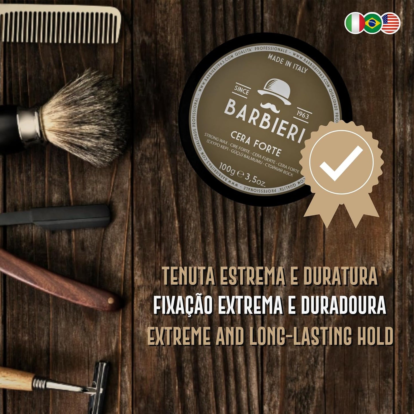 Cera Forte Capelli Professionale 100gr - Tenuta Estrema e Duratura - Effetto Lucido - Barbieri Since 1963 - Fragranza Marina e Salina unita al Mirto e Cedro - Uso Unisex Uomo e Donna - Made in Italy