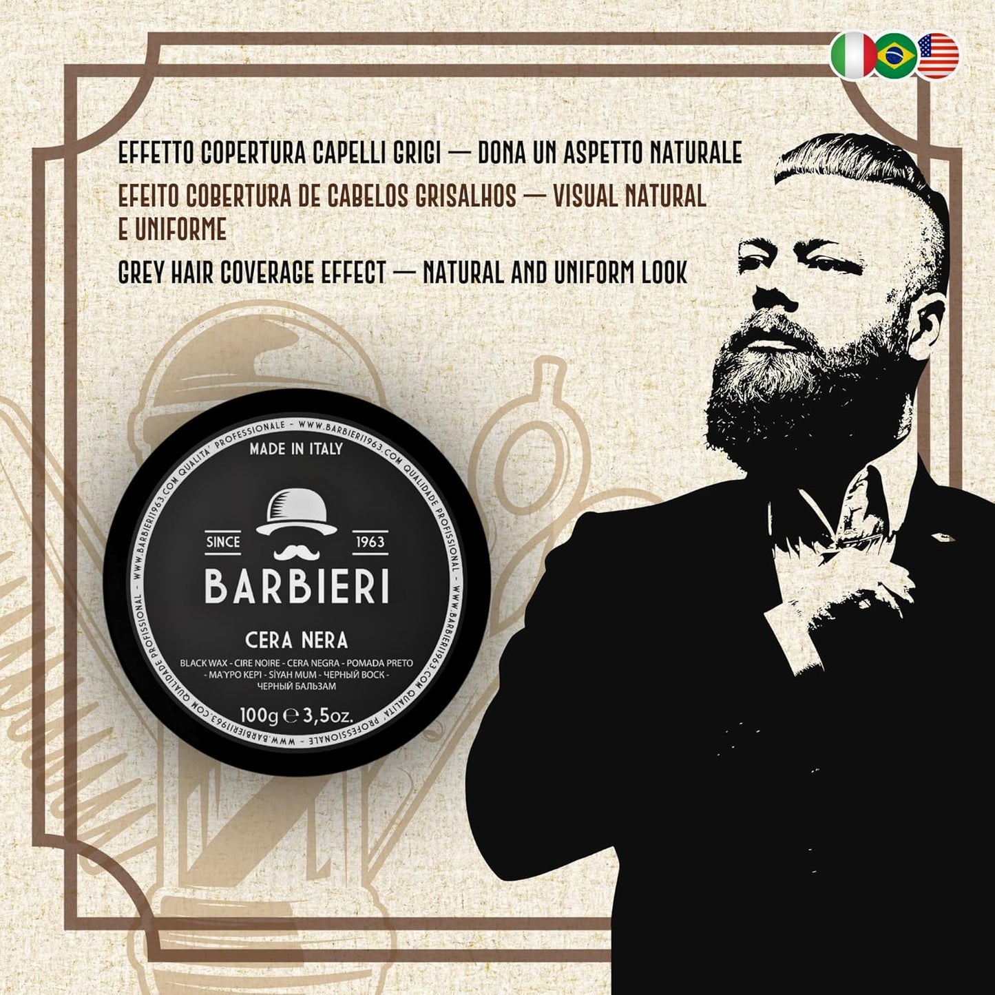 Cera Nera per Capelli 100gr - Black Wax con Carbone Vegetale - Maschera Capelli Bianchi e Grigi - Barbieri Since 1963 - Tenuta Morbida - Fragranza Speziata e Ambrata - Made in Italy