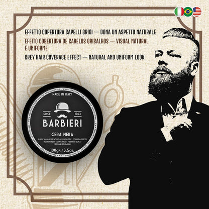 Cera Nera per Capelli 100gr - Black Wax con Carbone Vegetale - Maschera Capelli Bianchi e Grigi - Barbieri Since 1963 - Tenuta Morbida - Fragranza Speziata e Ambrata - Made in Italy