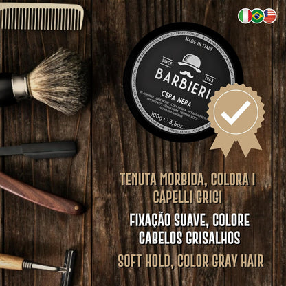 Cera Nera per Capelli 100gr - Black Wax con Carbone Vegetale - Maschera Capelli Bianchi e Grigi - Barbieri Since 1963 - Tenuta Morbida - Fragranza Speziata e Ambrata - Made in Italy