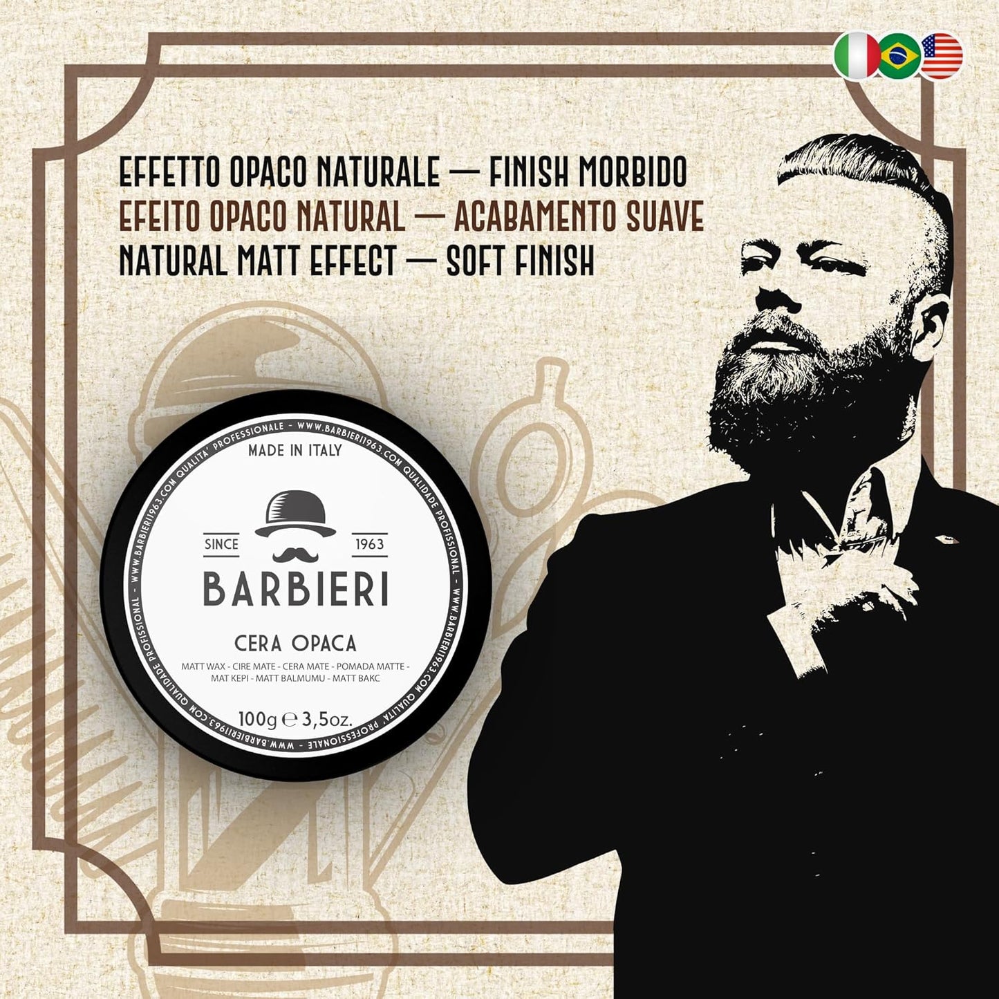 Cera Opaca Capelli Professionale 100gr - Con Argilla Bianca (Kaolin) - Effetto Naturale e Volumizzante - Barbieri Since 1963 - Fragranza Marina e Salina - Uso Unisex Uomo e Donna  Made in Italy